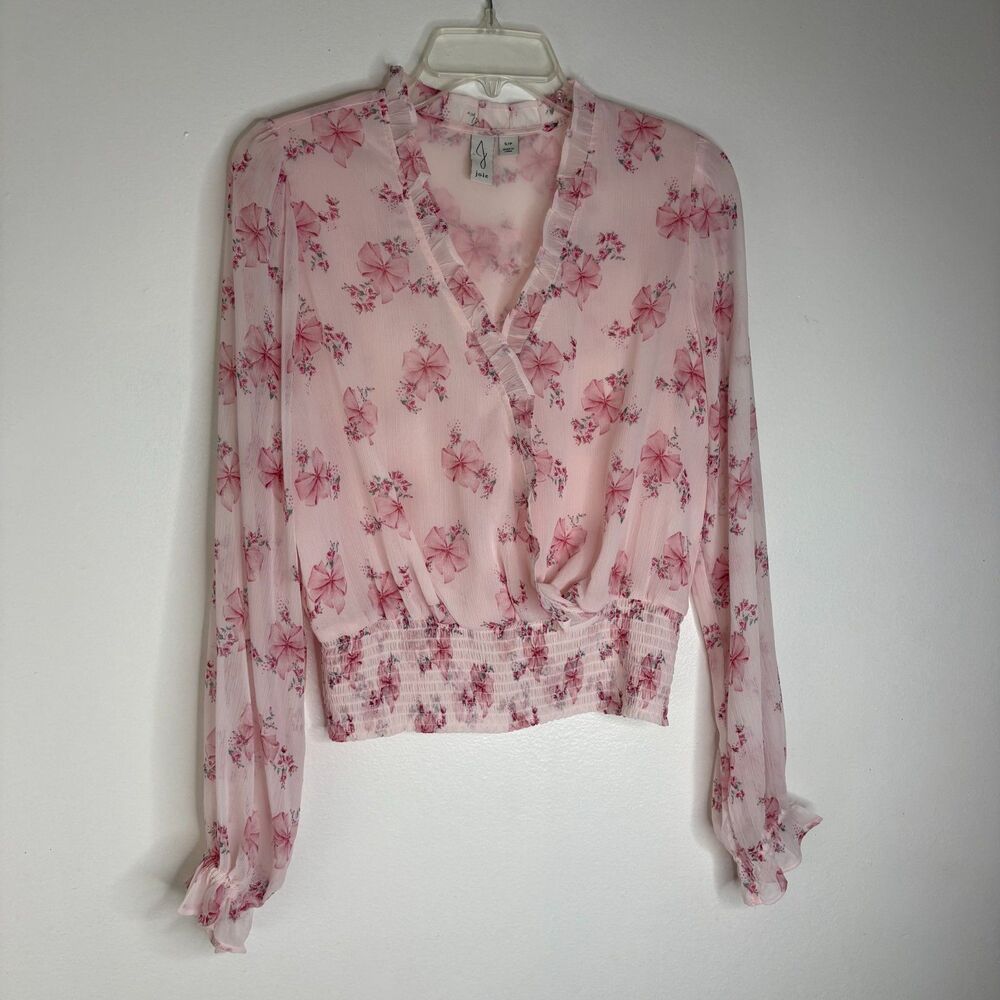 Joie Pink Floral Ruffle V-Neck Cropped Blouse Smocked Waist Long Sleeve S